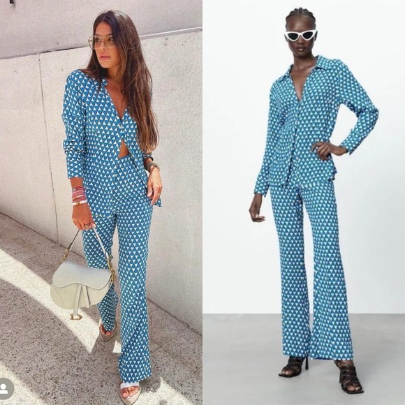 NWT Zara blue geometric satin set size XS shirt and pants flare 70a bloggers - Picture 1 of 14